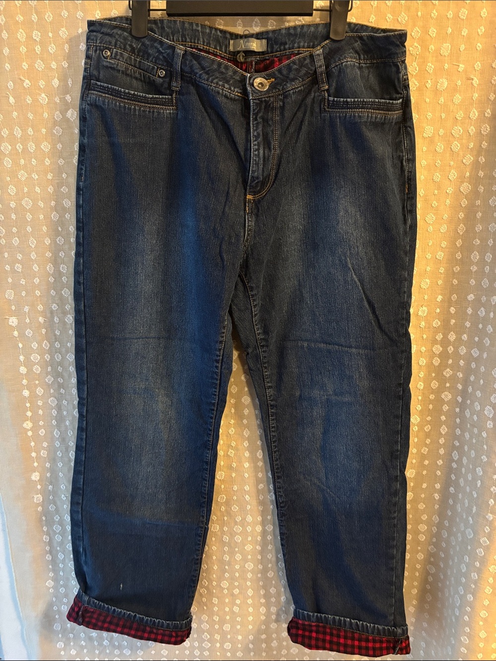 Natural Reflections Women’s Boot Cut Jeans in Dark Blue with Red Flannel Lining